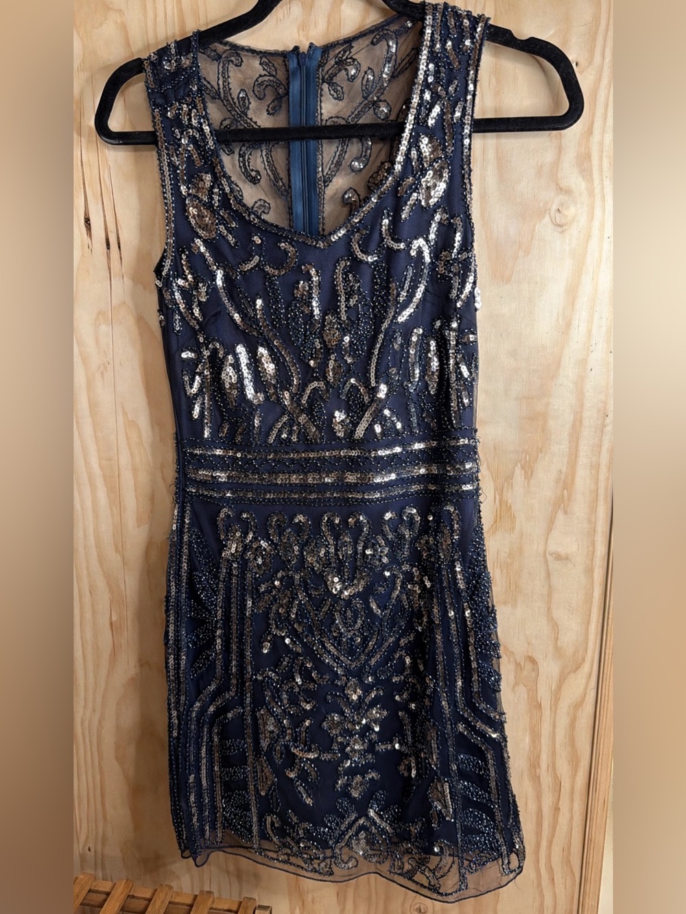 Gianni Bini Navy and Gold Beaded Sleeveless Cocktail Dress